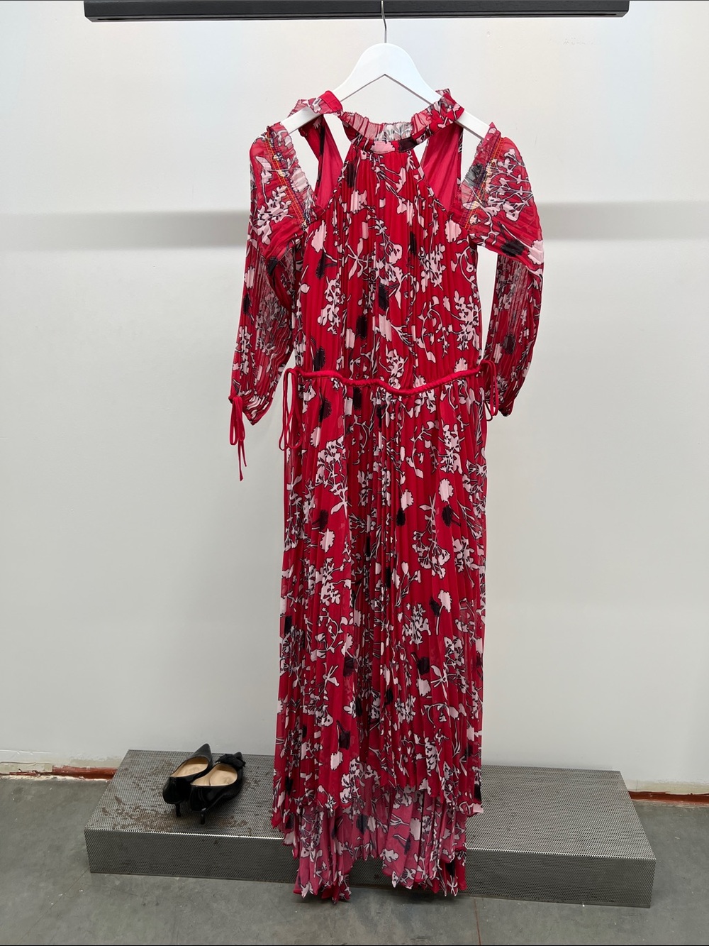 Self-Portrait Red Floral Pleated Maxi Dress